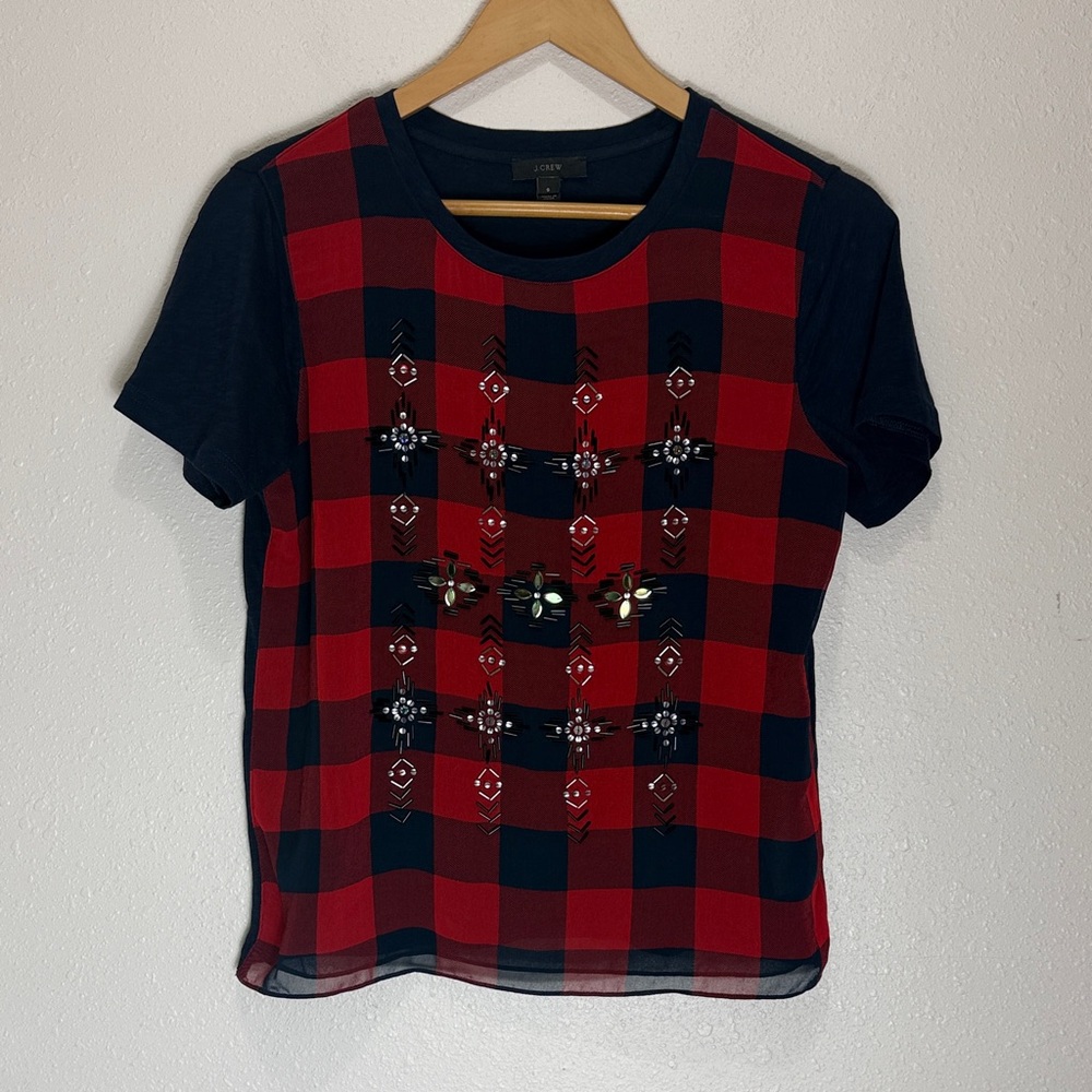 J.Crew Red and Blue Plaid Embellished T-Shirt, Size S